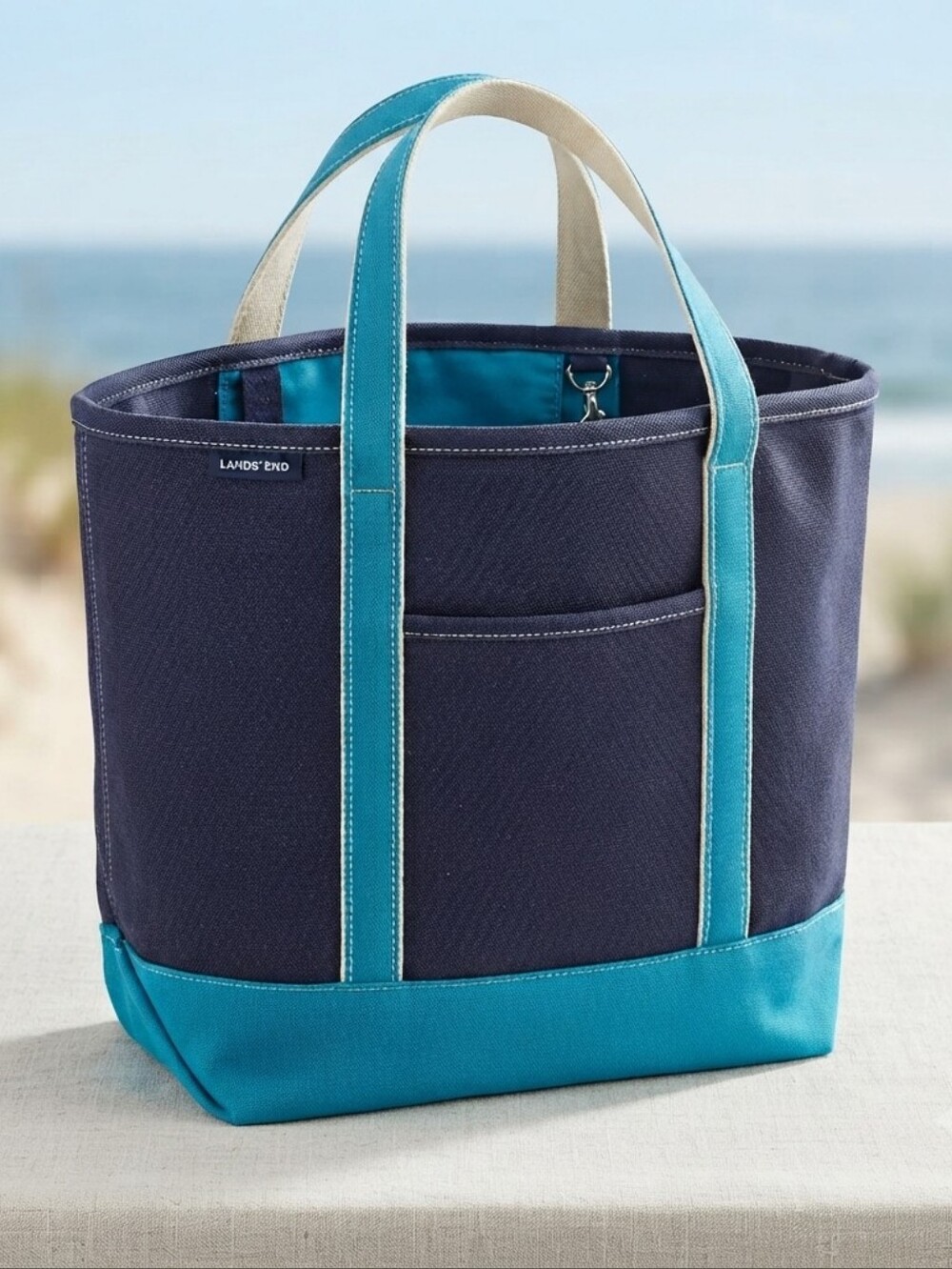 Lands' End Women's Navy Blue Solid Tote Bag Double Handles Inner/Outer Pockets
